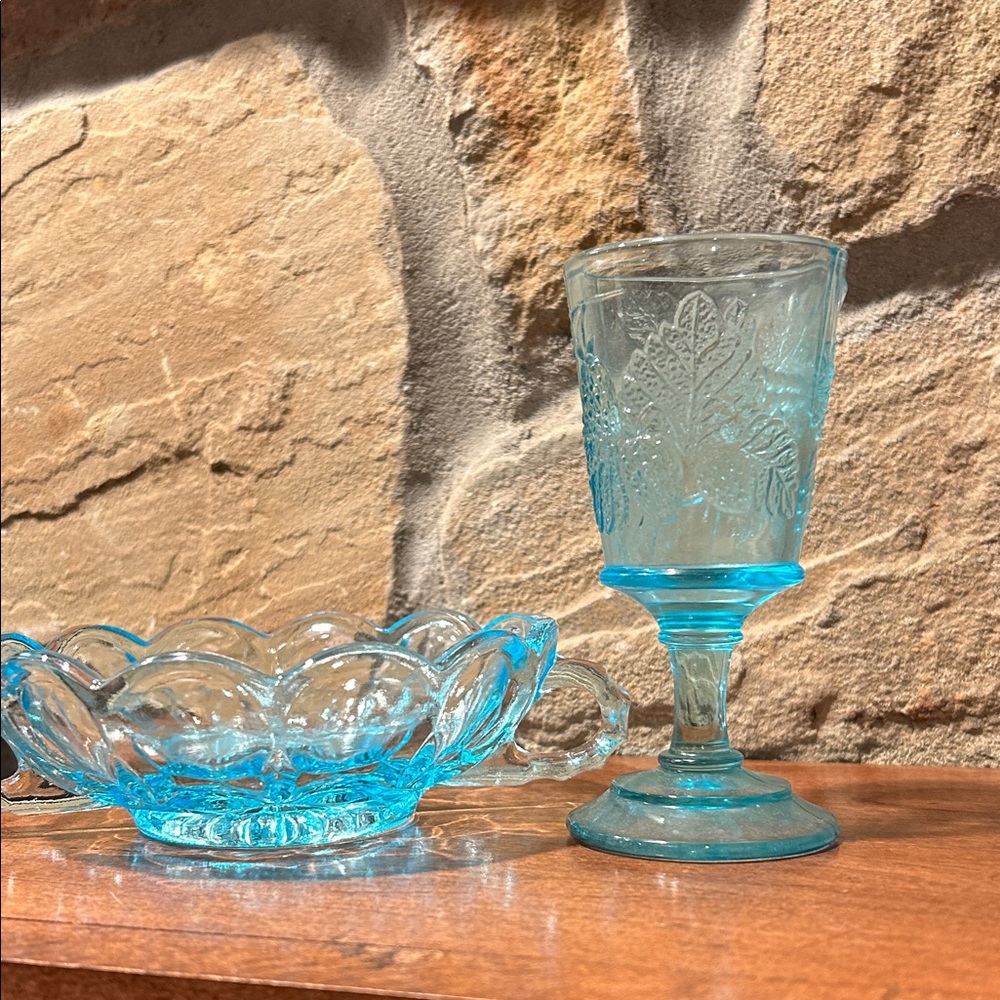 Mismatched Bright Blue Glass Goblet and Handled Candy Dish 2 pieces Cottage Core